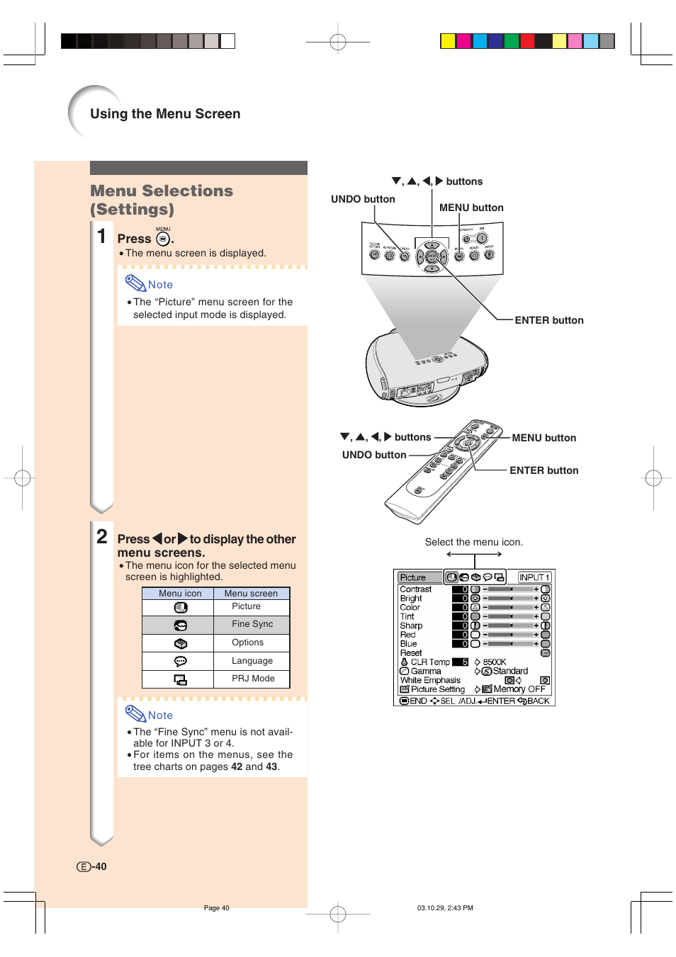 Menu selections (settings), Using the menu screen | Sharp DT-300 User Manual | Page 41 / 72