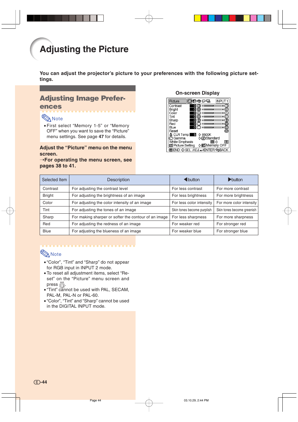 Adjusting the picture, Adjusting image prefer- ences | Sharp DT-300 User Manual | Page 45 / 72