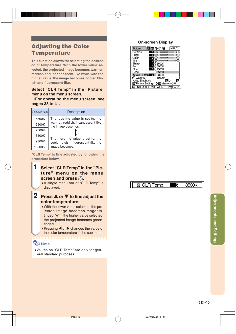 Adjusting the color temperature | Sharp DT-300 User Manual | Page 46 / 72