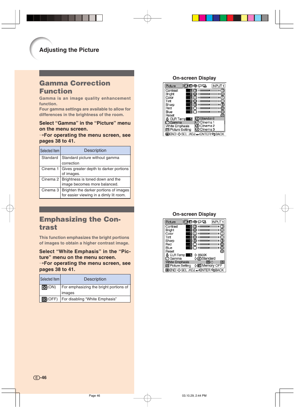 Gamma correction function, Emphasizing the con- trast, Adjusting the picture | Sharp DT-300 User Manual | Page 47 / 72