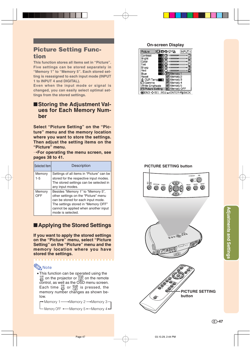 Picture setting func- tion, Applying the stored settings | Sharp DT-300 User Manual | Page 48 / 72