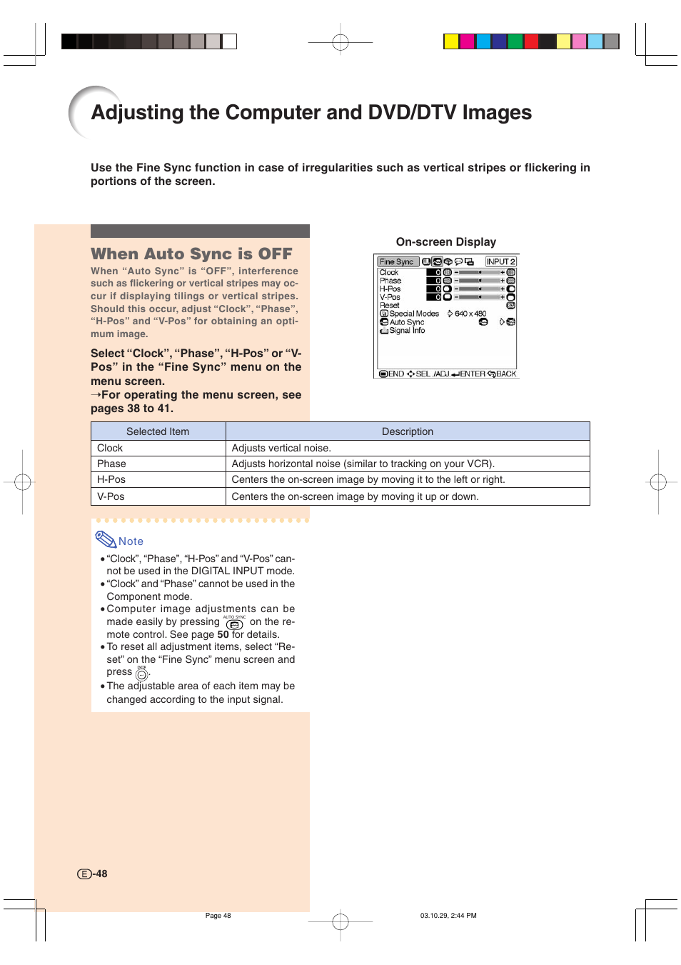 Adjusting the computer and dvd/dtv images, When auto sync is off | Sharp DT-300 User Manual | Page 49 / 72