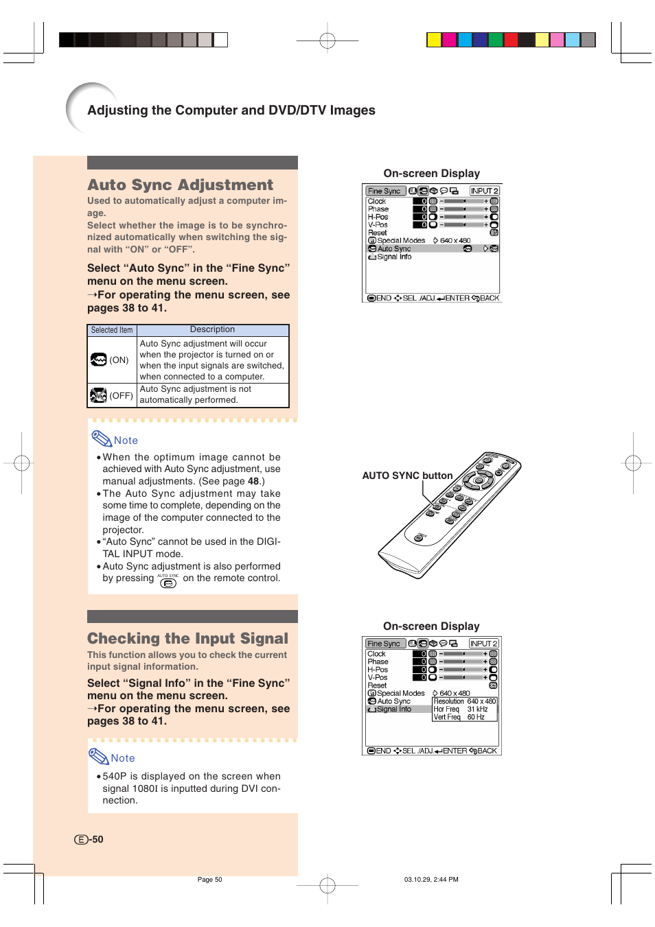 Auto sync adjustment, Checking the input signal, Adjusting the computer and dvd/dtv images | Sharp DT-300 User Manual | Page 51 / 72
