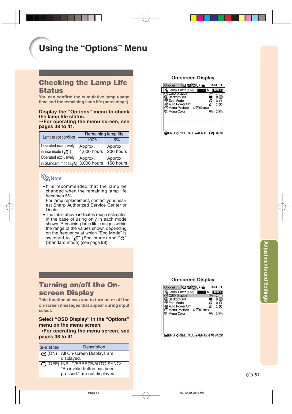 Using the “options” menu, Checking the lamp life status, Turning on/off the on- screen display | Sharp DT-300 User Manual | Page 52 / 72