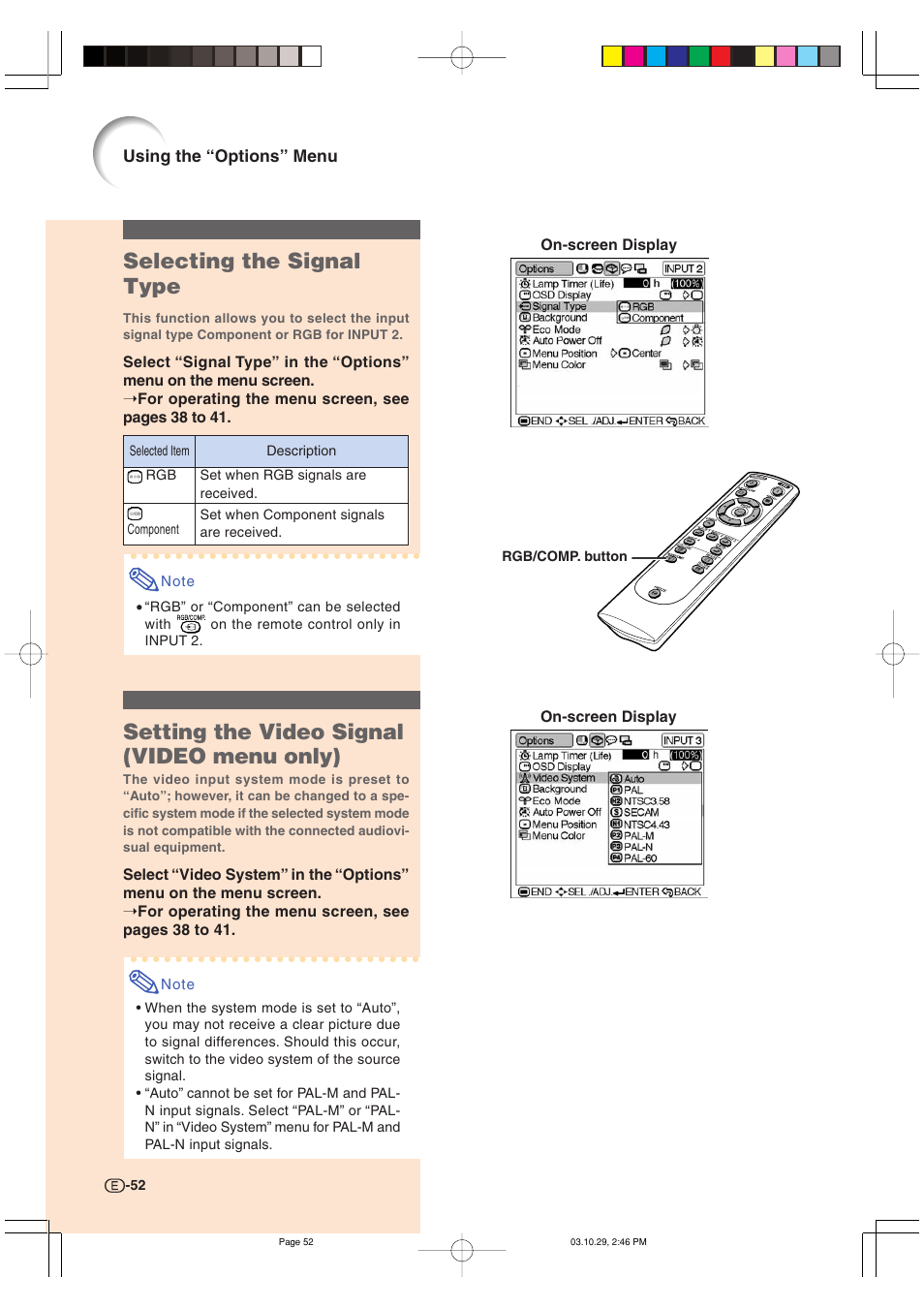 Selecting the signal type, Setting the video signal (video menu only) | Sharp DT-300 User Manual | Page 53 / 72