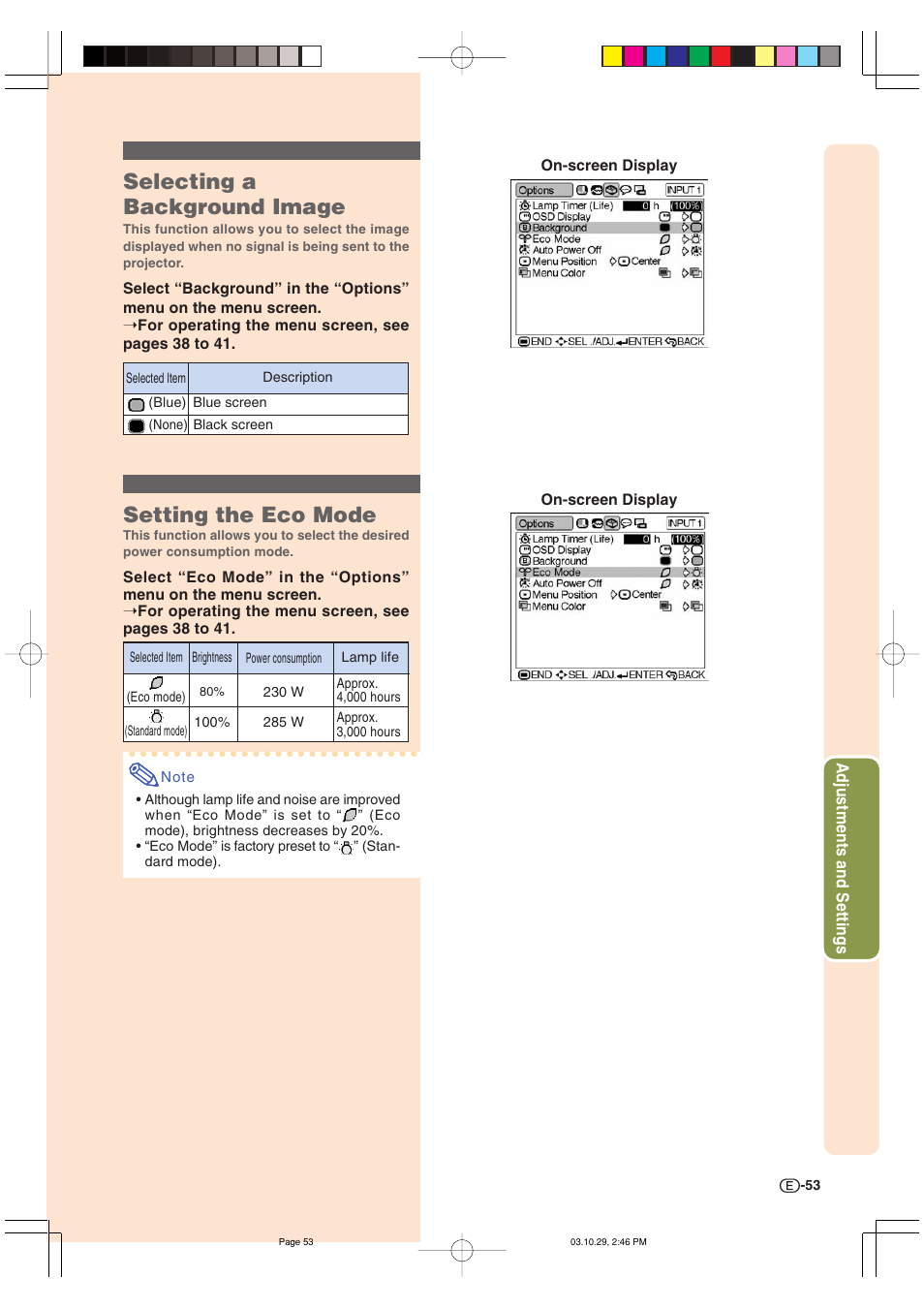 Selecting a background image, Setting the eco mode | Sharp DT-300 User Manual | Page 54 / 72