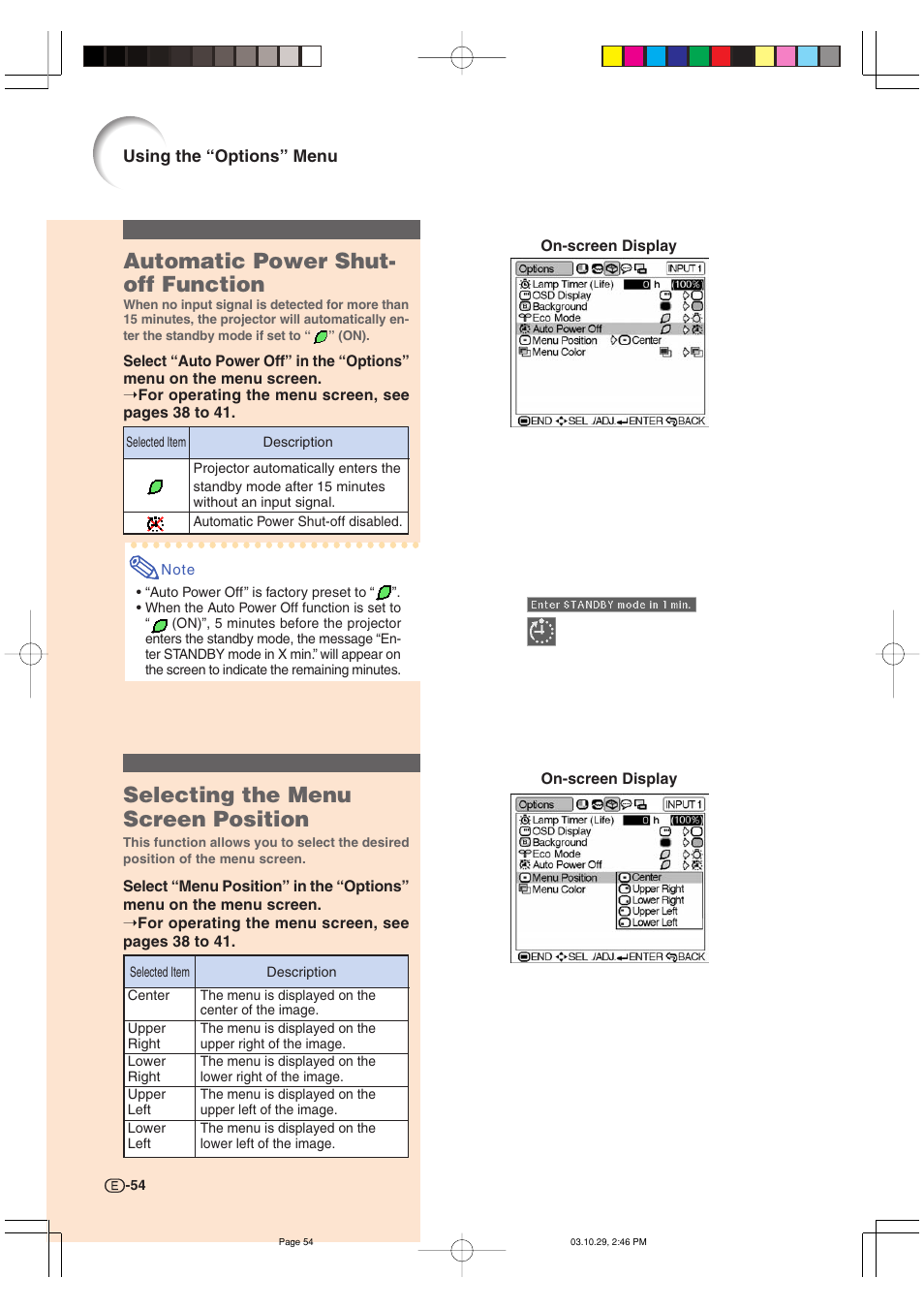 Selecting the menu screen position, Automatic power shut- off function | Sharp DT-300 User Manual | Page 55 / 72