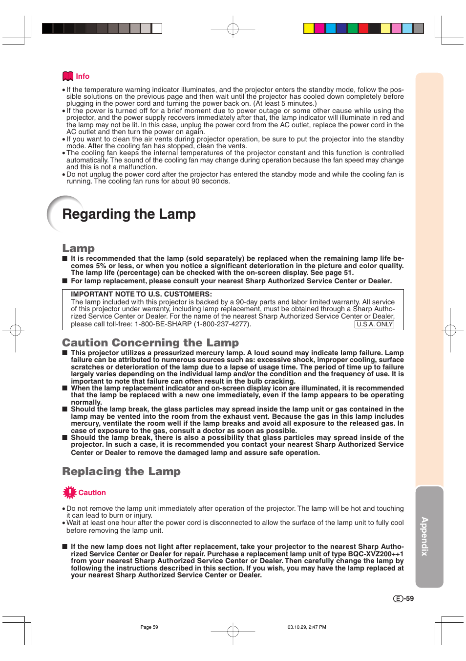 Regarding the lamp, Lamp, Caution concerning the lamp | Replacing the lamp | Sharp DT-300 User Manual | Page 60 / 72