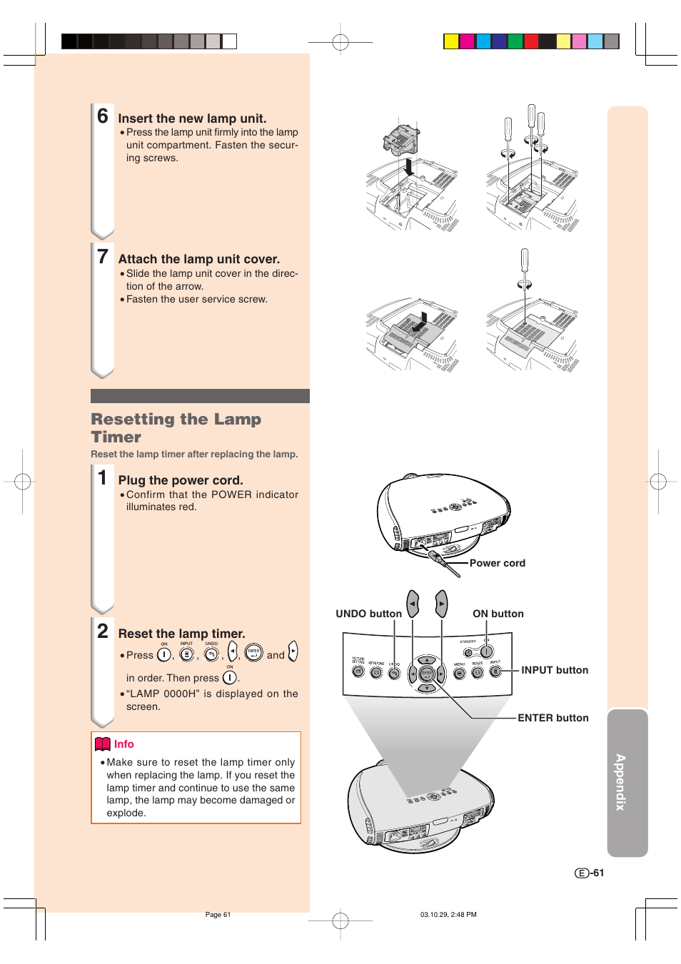 Resetting the lamp timer | Sharp DT-300 User Manual | Page 62 / 72