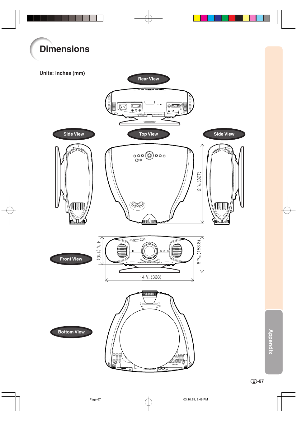Dimensions, Appendix, Units: inches (mm) | Sharp DT-300 User Manual | Page 68 / 72