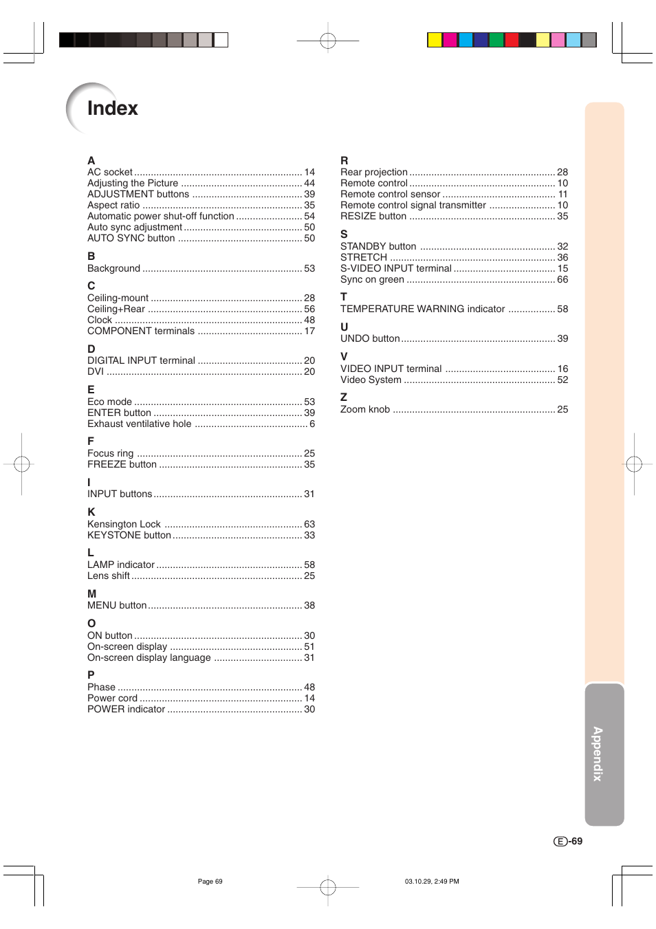 Index | Sharp DT-300 User Manual | Page 70 / 72