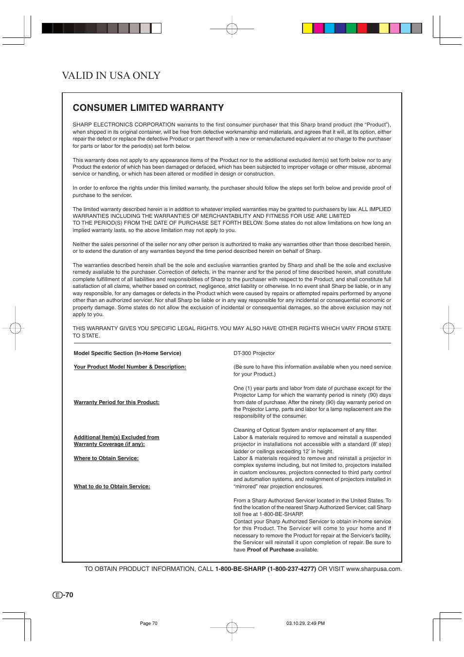 Valid in usa only, Consumer limited warranty | Sharp DT-300 User Manual | Page 71 / 72