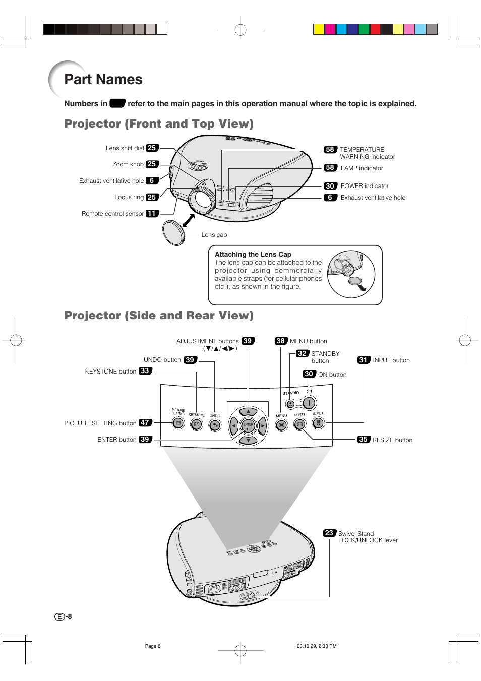 Part names, Projector (front and top view), Projector (side and rear view) | Sharp DT-300 User Manual | Page 9 / 72