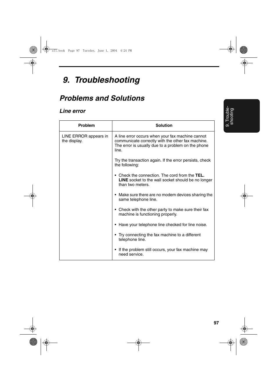 Troubleshooting, Problems and solutions, Line error | Sharp UX-B30 User Manual | Page 101 / 115