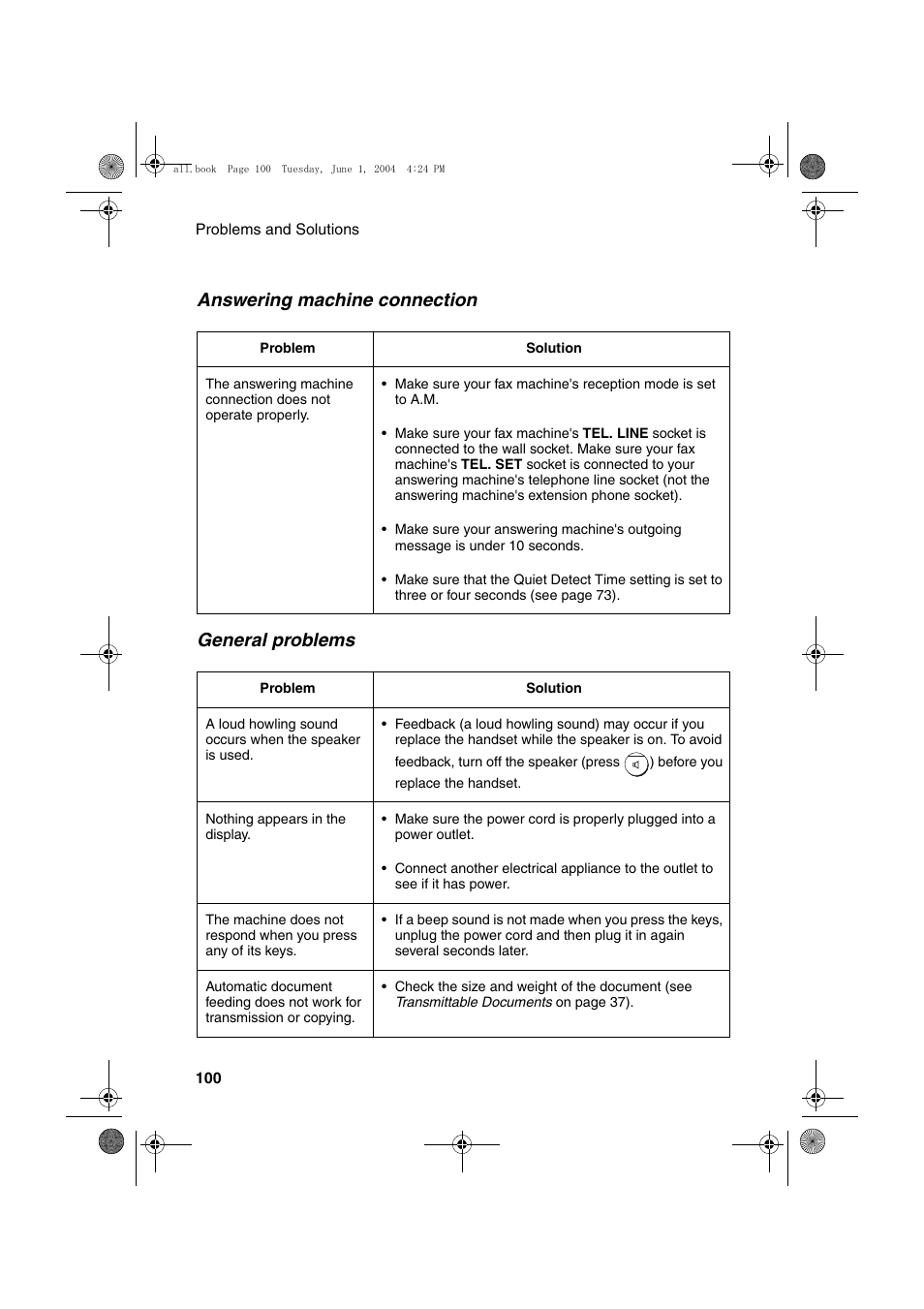 Answering machine connection general problems | Sharp UX-B30 User Manual | Page 104 / 115