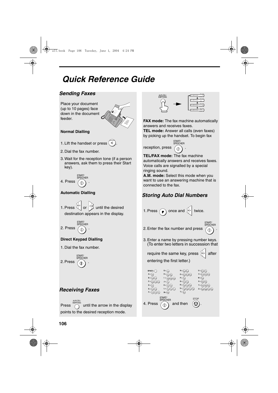 Quick reference guide, Sending faxes, Receiving faxes | Storing auto dial numbers, Press and then | Sharp UX-B30 User Manual | Page 110 / 115