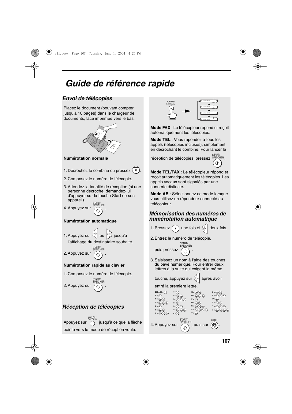 Guide de référence rapide, Envoi de télécopies, Réception de télécopies | Sharp UX-B30 User Manual | Page 111 / 115