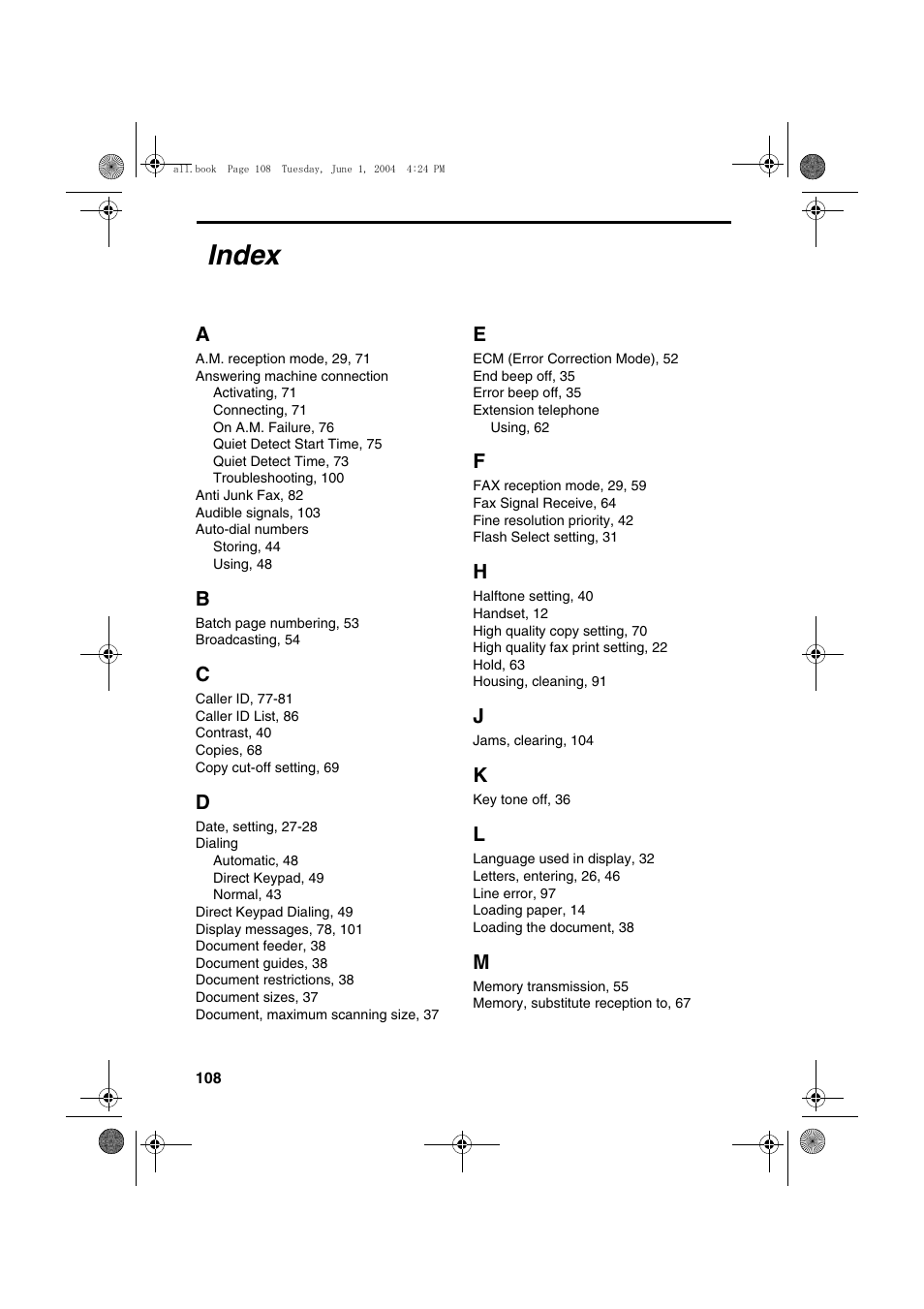 Index | Sharp UX-B30 User Manual | Page 112 / 115