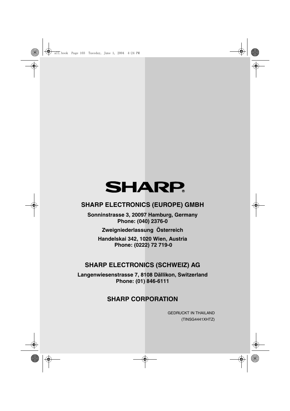 Sharp electronics (europe) gmbh, Sharp electronics (schweiz) ag, Sharp corporation | Sharp UX-B30 User Manual | Page 115 / 115