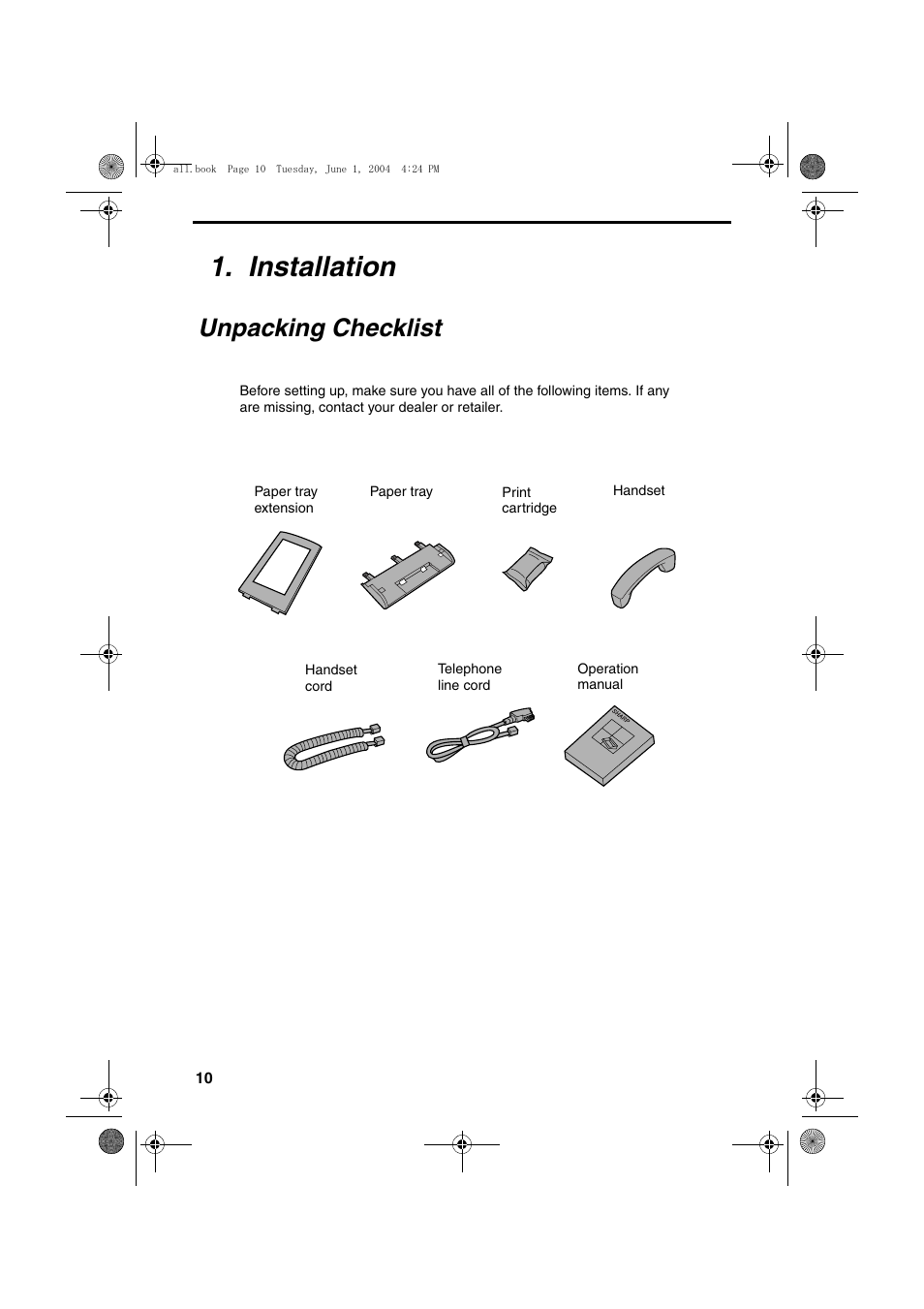 Installation, Unpacking checklist | Sharp UX-B30 User Manual | Page 14 / 115