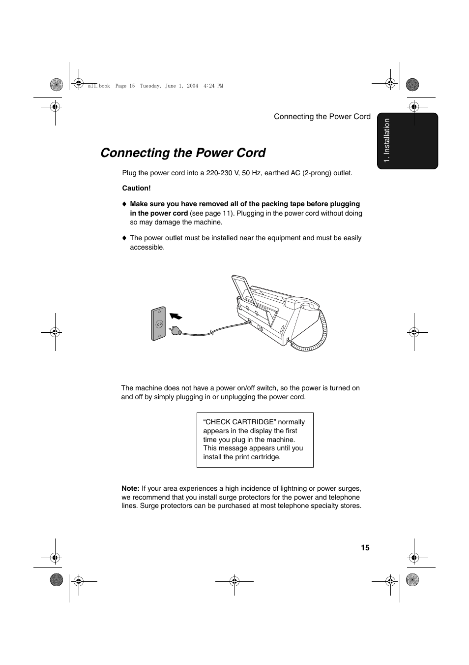 Connecting the power cord | Sharp UX-B30 User Manual | Page 19 / 115