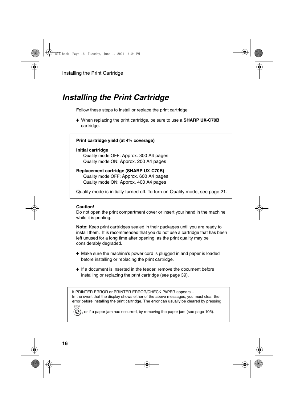 Installing the print cartridge | Sharp UX-B30 User Manual | Page 20 / 115