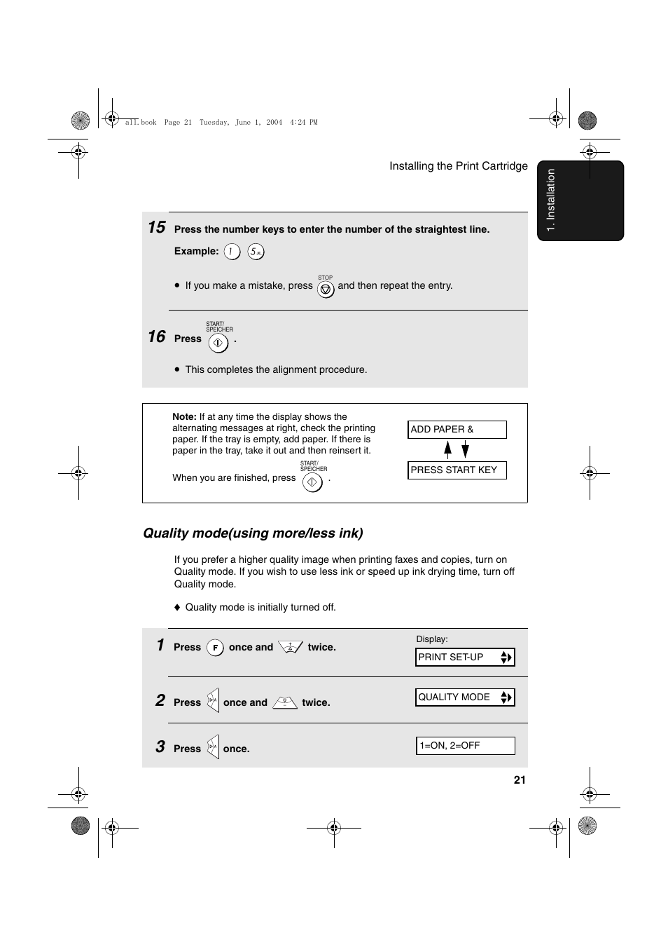 Quality mode(using more/less ink) | Sharp UX-B30 User Manual | Page 25 / 115