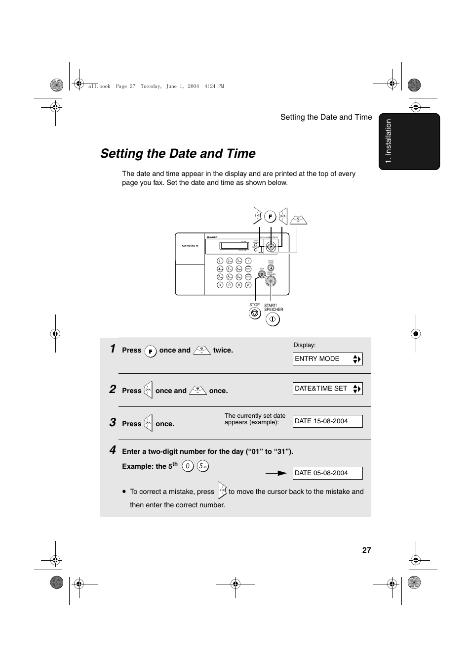 Setting the date and time, Setting the date and time 27 1. installation | Sharp UX-B30 User Manual | Page 31 / 115