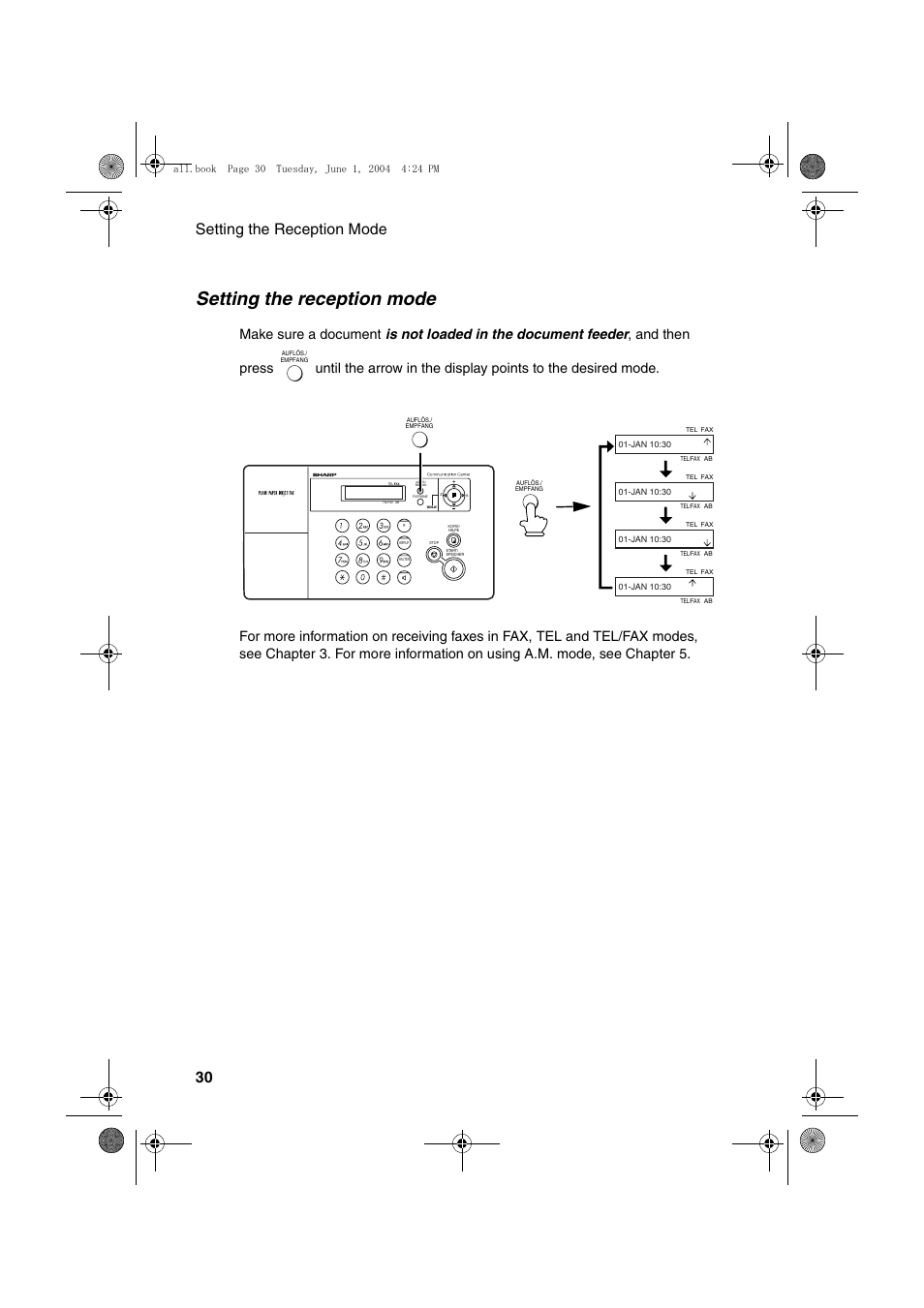 Setting the reception mode, Setting the reception mode 30 | Sharp UX-B30 User Manual | Page 34 / 115