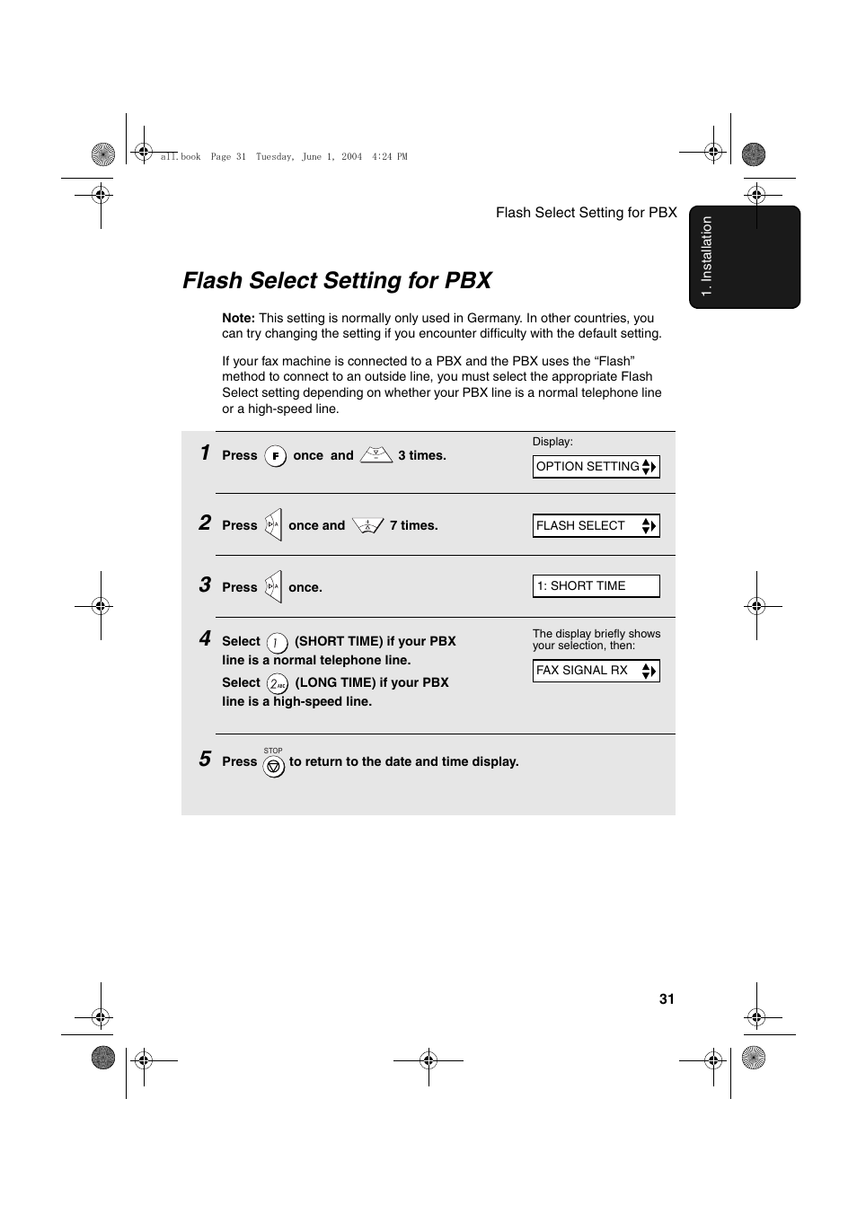 Flash select setting for pbx | Sharp UX-B30 User Manual | Page 35 / 115