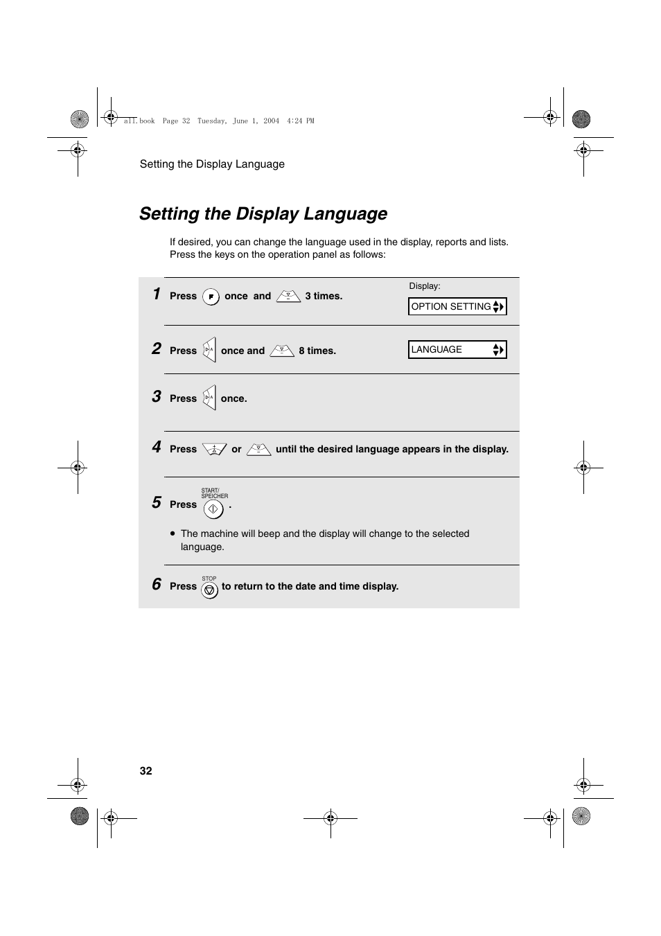 Setting the display language | Sharp UX-B30 User Manual | Page 36 / 115