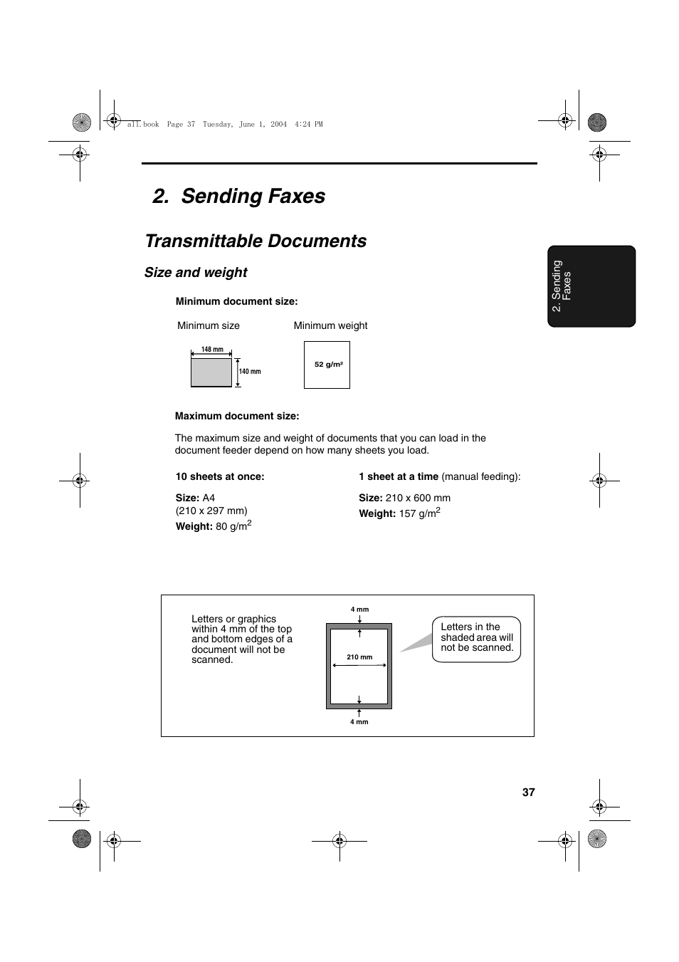 Sending faxes, Transmittable documents, Size and weight | Sharp UX-B30 User Manual | Page 41 / 115