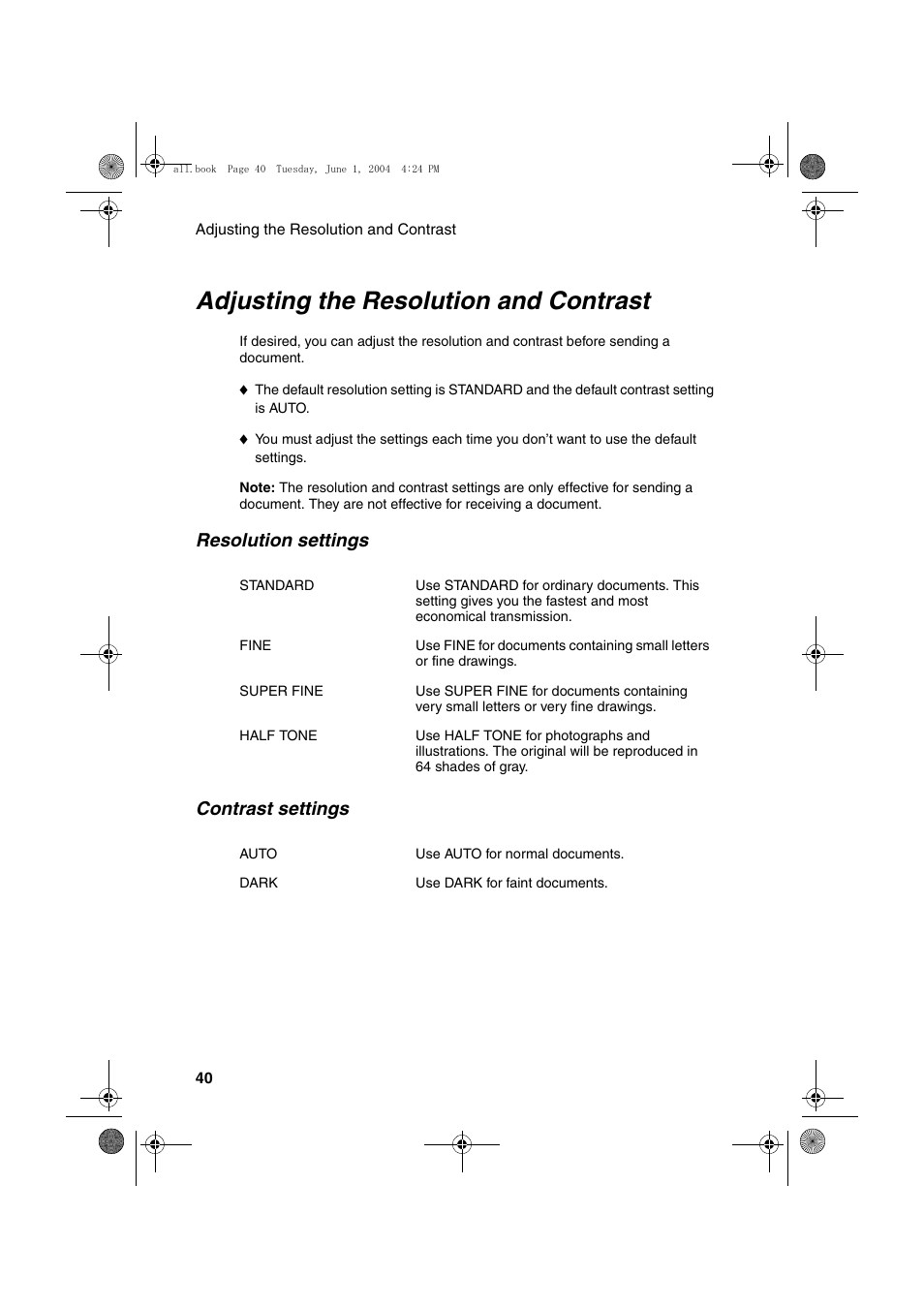 Adjusting the resolution and contrast, Resolution settings contrast settings | Sharp UX-B30 User Manual | Page 44 / 115