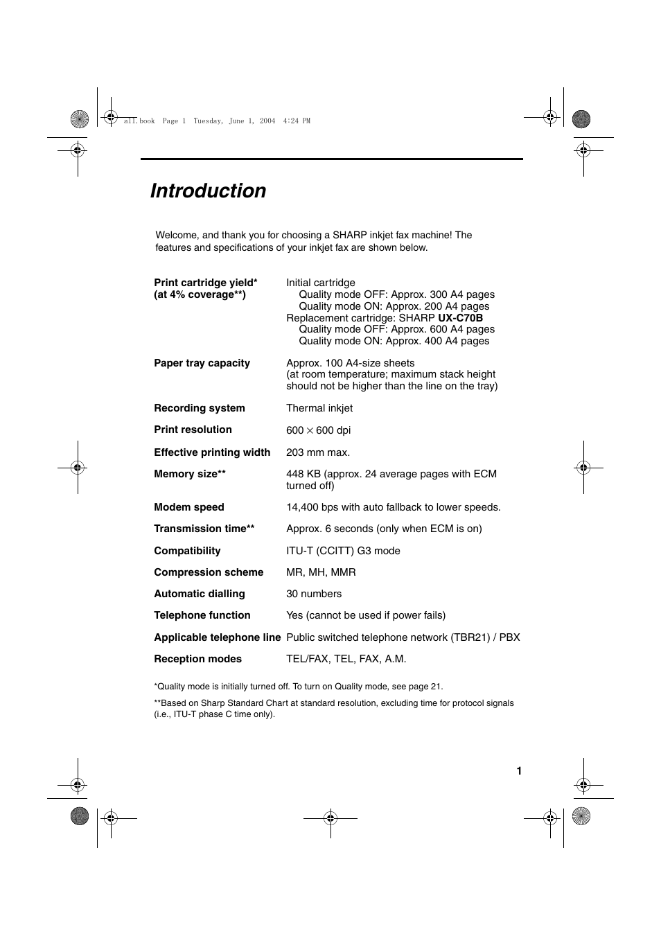 Introduction | Sharp UX-B30 User Manual | Page 5 / 115