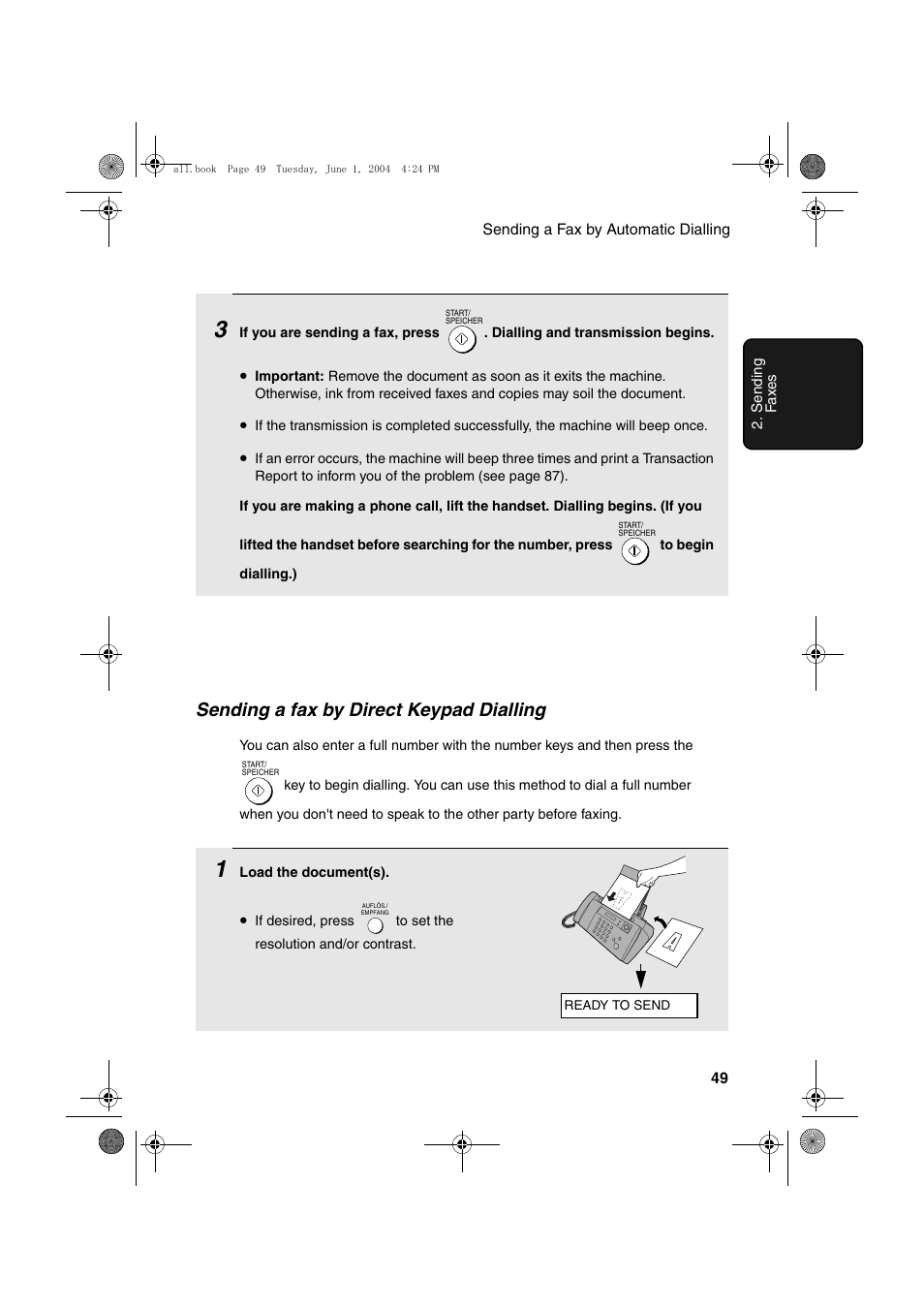 Sending a fax by direct keypad dialling | Sharp UX-B30 User Manual | Page 53 / 115