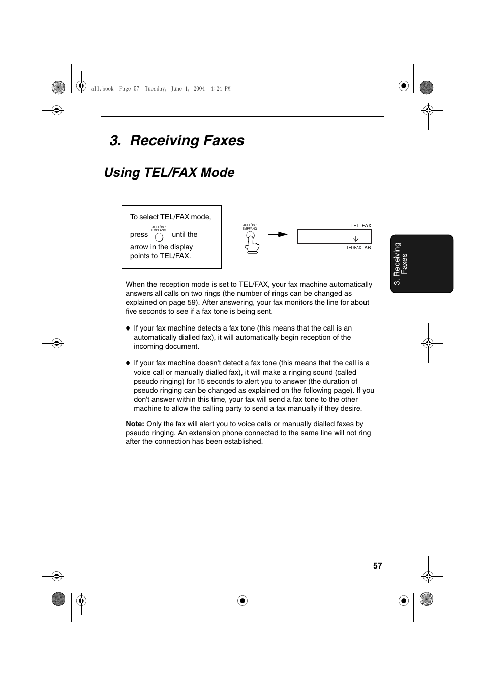 Receiving faxes, Using tel/fax mode | Sharp UX-B30 User Manual | Page 61 / 115