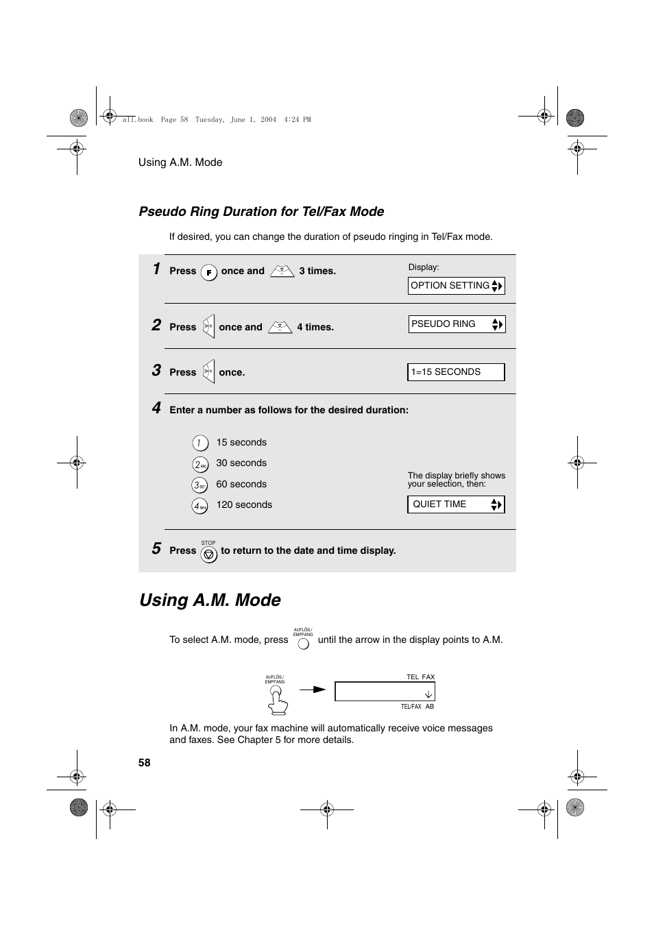 Using a.m. mode, Pseudo ring duration for tel/fax mode | Sharp UX-B30 User Manual | Page 62 / 115