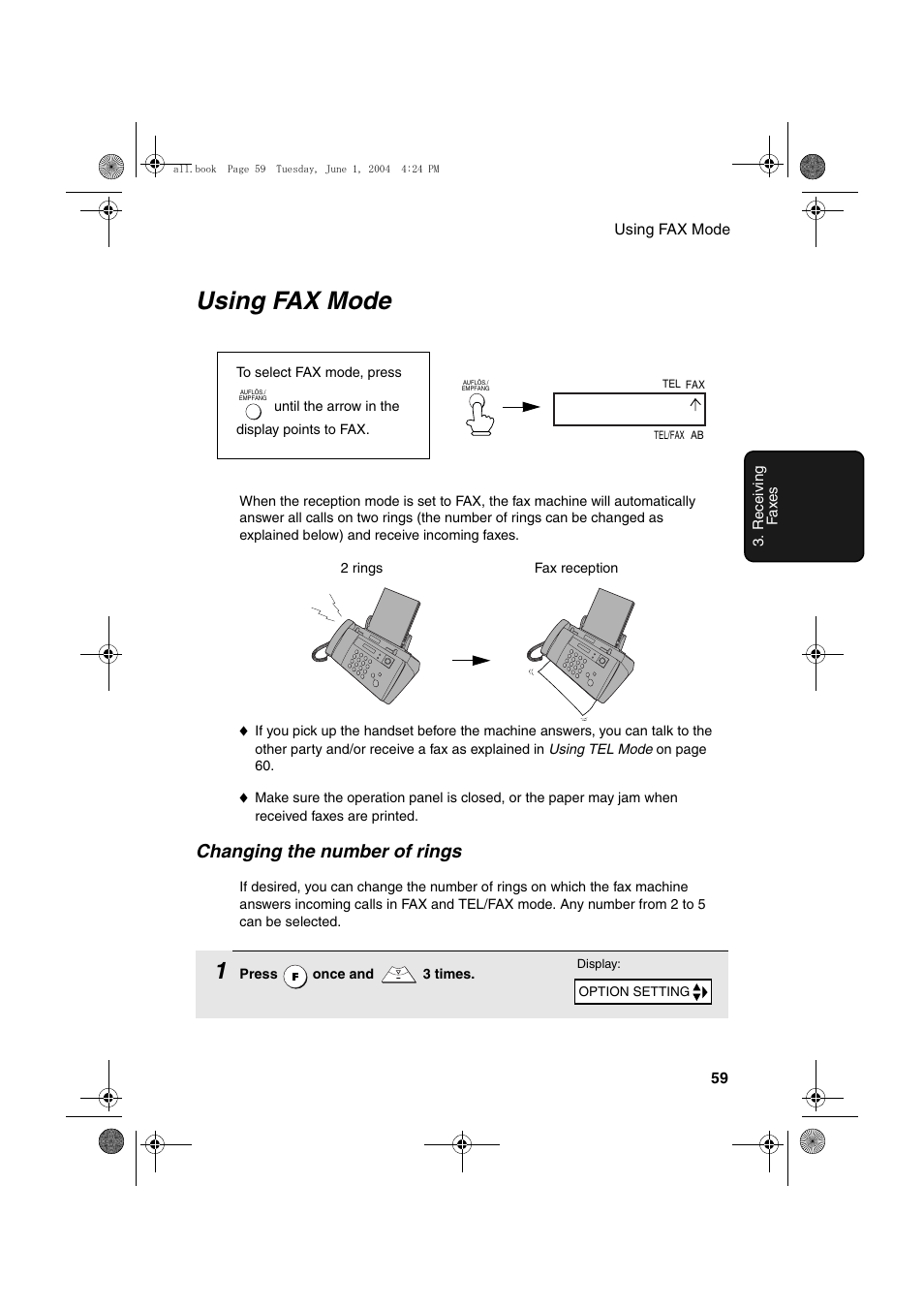 Using fax mode, Changing the number of rings | Sharp UX-B30 User Manual | Page 63 / 115