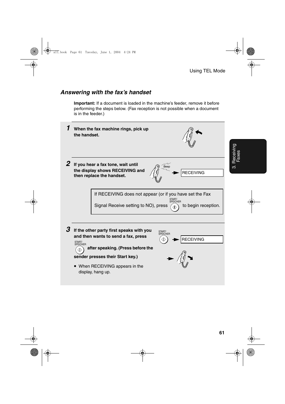 Answering with the fax’s handset | Sharp UX-B30 User Manual | Page 65 / 115