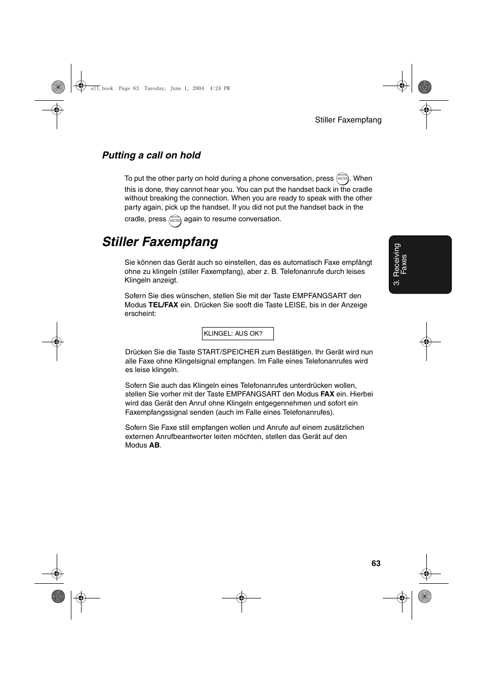 Stiller faxempfang, Putting a call on hold | Sharp UX-B30 User Manual | Page 67 / 115