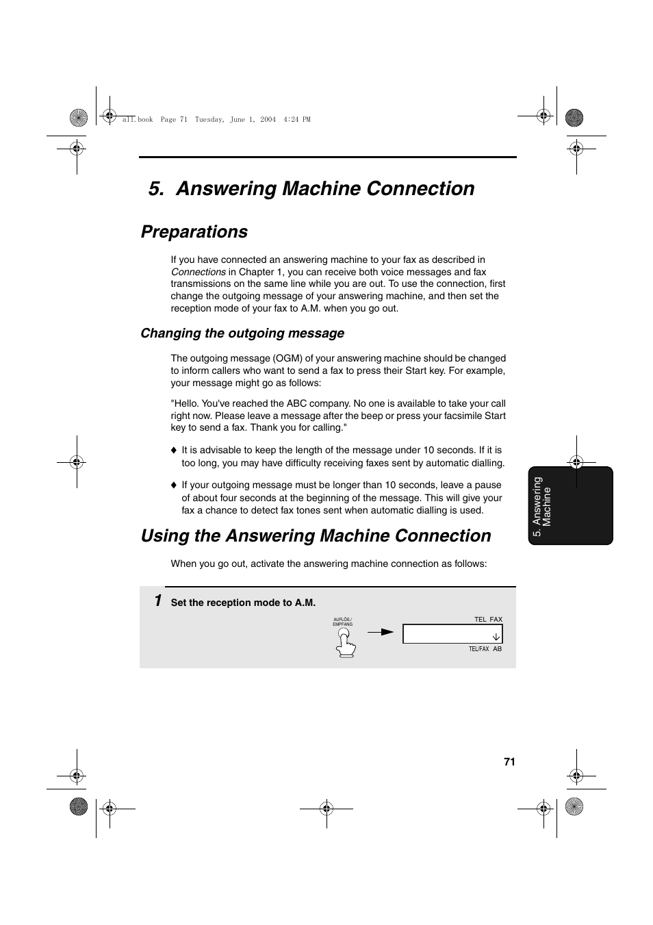 Answering machine connection, Preparations, Using the answering machine connection | Changing the outgoing message | Sharp UX-B30 User Manual | Page 75 / 115