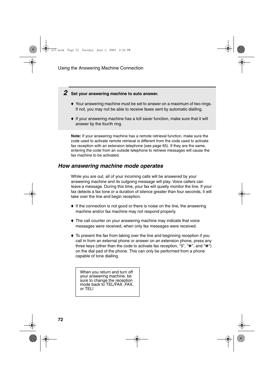 How answering machine mode operates | Sharp UX-B30 User Manual | Page 76 / 115