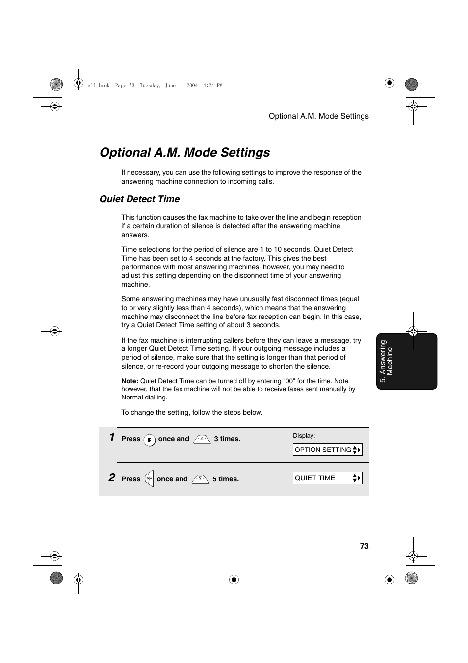 Optional a.m. mode settings, Quiet detect time | Sharp UX-B30 User Manual | Page 77 / 115