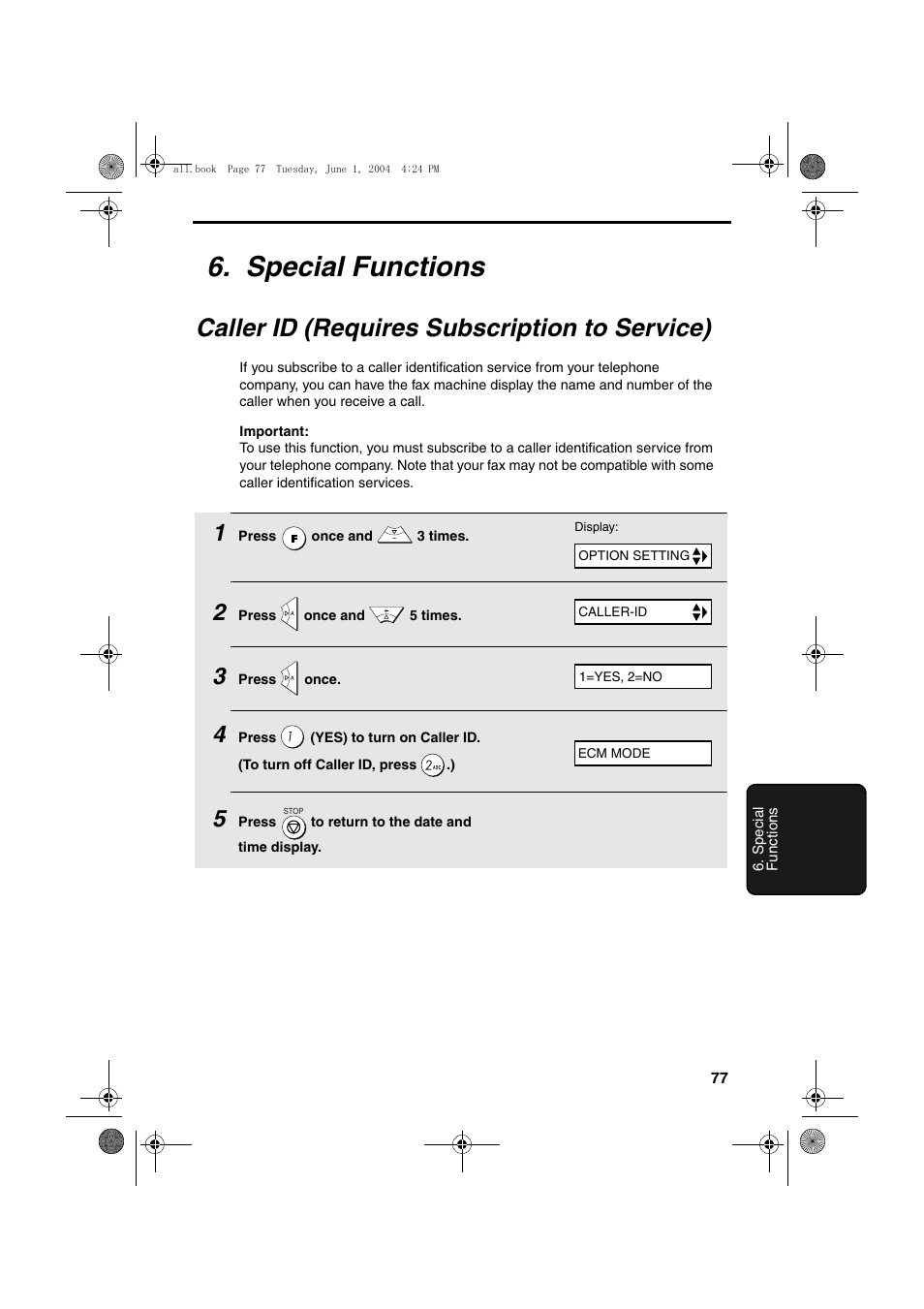 Special functions, Caller id (requires subscription to service) | Sharp UX-B30 User Manual | Page 81 / 115