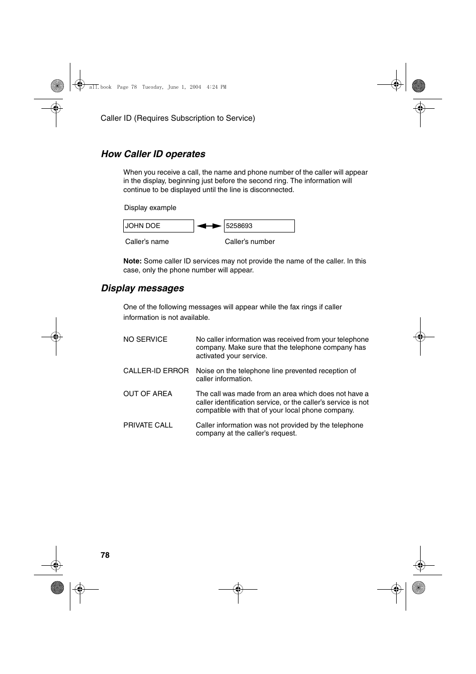 How caller id operates, Display messages | Sharp UX-B30 User Manual | Page 82 / 115