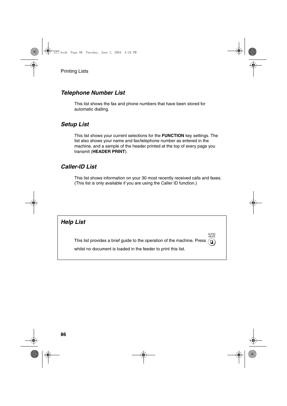 Telephone number list, Setup list, Caller-id list | Help list | Sharp UX-B30 User Manual | Page 90 / 115