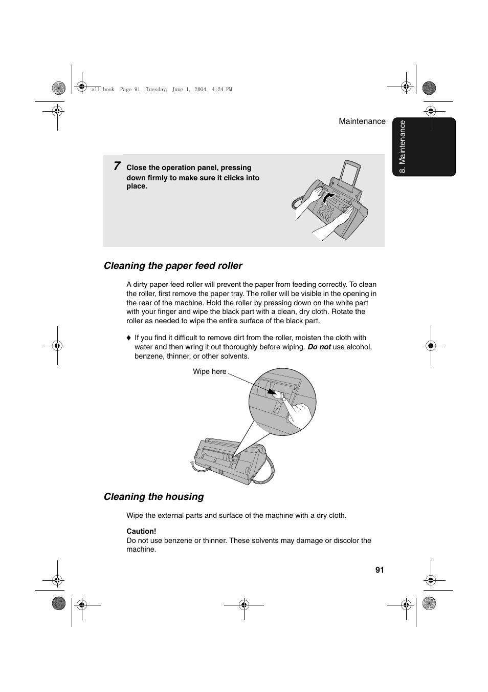 Cleaning the housing, Cleaning the paper feed roller | Sharp UX-B30 User Manual | Page 95 / 115