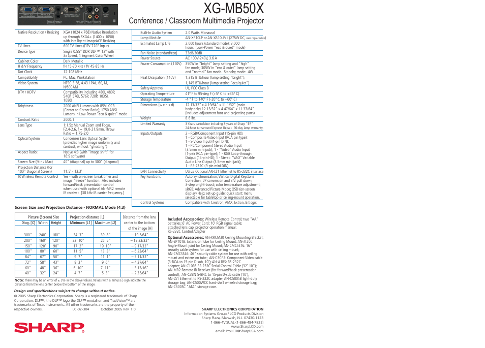 Xg-mb50x, Conference / classroom multimedia projector | Sharp XG-MB50X 2000 User Manual | Page 2 / 2