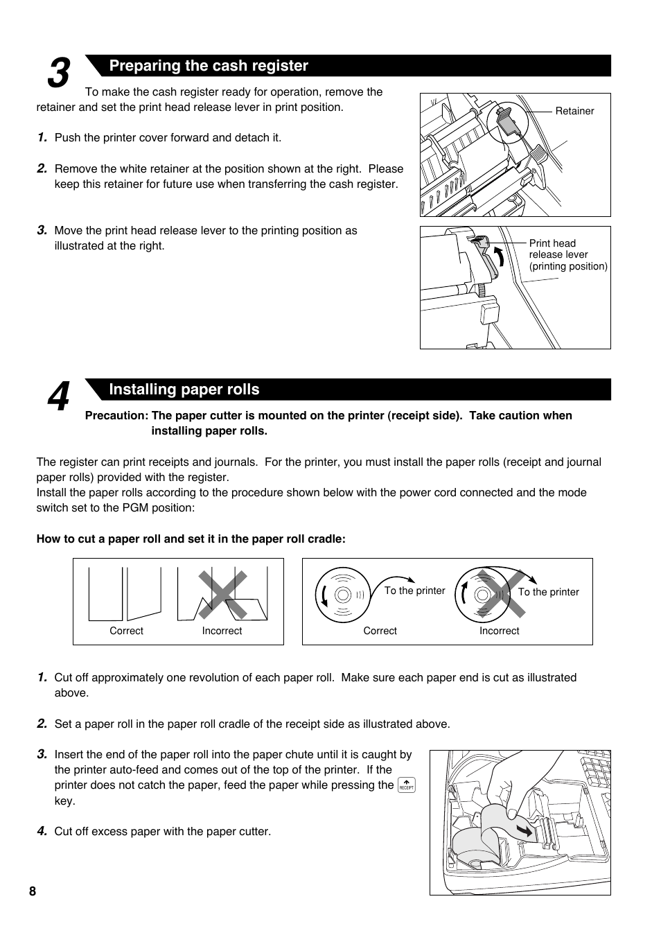 3 preparing the cash register, 4 installing paper rolls | Sharp Electronic Cash Register XE-A403 User Manual | Page 10 / 116