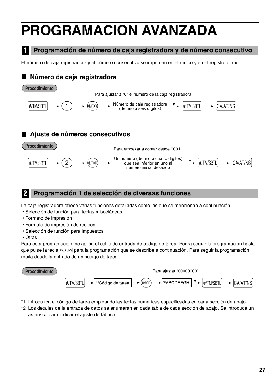 Programacion avanzada, Número de caja registradora, Ajuste de números consecutivos | 1s @ s a, 2s @ s a | Sharp Electronic Cash Register XE-A403 User Manual | Page 101 / 116